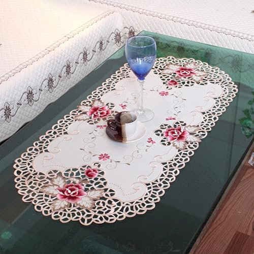BBTISG Stickerei Tischläufer, 40 x 85cm Ovale Spitze Bestickte Tischdecke Vintage Vasen Pads für Zuhause, Garten, Hochzeit, Party Dekoration (Stil 3)