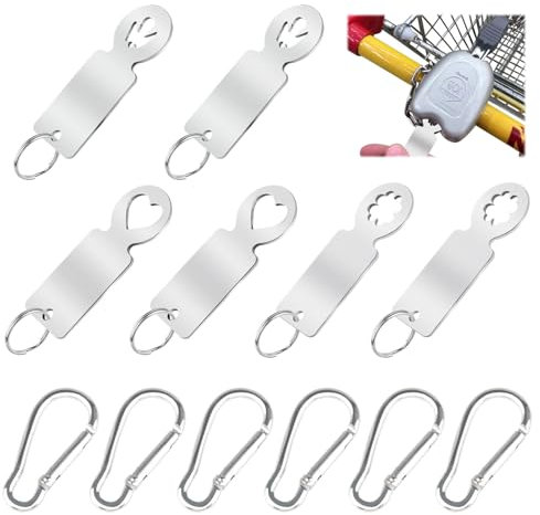 6 Stück Einkaufswagenlöser, Einkaufswagenchip Edelstahl mit 6 Karabiner und 6 Schlüsselringe, Schlüsselanhänger Einkaufswagenschlüssel zum Rausziehen Abnehmbar für Einkaufswagen