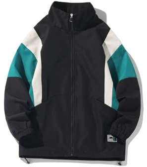 GURUNVANI Veste patchwork pour homme avec fermeture éclair intégrale - Veste coupe-vent vintage, Hj24081 noir, Medium