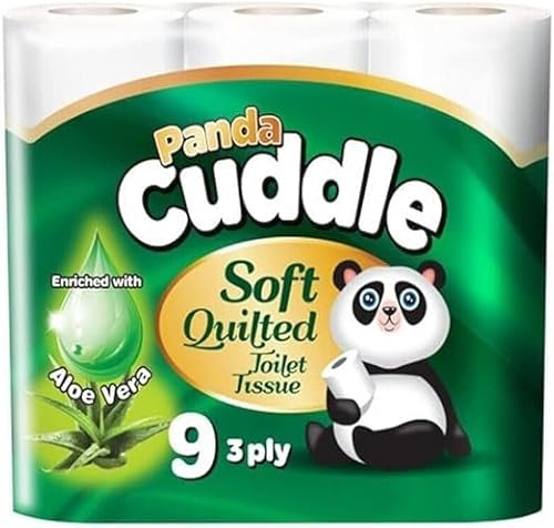 Ayn Al Madina Panda Cuddle Soft Quilted Toilet Rolls | Super Quality Tissues| 3 Ply Toilet Paper | Provide Ultimate Quilted Comfort | Compostable & Sustainable Tissue Roll (Aloe Vera, Pack of 9)