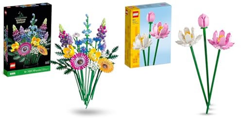 LEGO 10313 Icons Bouquet de Fleurs Sauvages, Plantes Artificielles avec Coquelicots et Lavande & Creator Les Fleurs de Lotus, Kit de Construction pour Filles et Garçons Dès 8 Ans