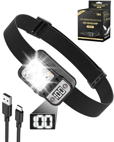 Andizun Head Torch Rechargeable, Digital Display Super Bright LED Headlamp Headlight with Sensor Control & 5 Light Modes, IPX4 Waterproof, Hands-Free for Cycling Power Cuts, Emergency etc, 1 Pack