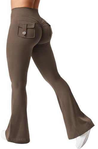 YEOREO Damen Flare Leggings mit Pockets Scrunch Butt Sport Leggings Hohe Taille Bootcut Leggings Workout Gym Yoga Casual Kaffee L