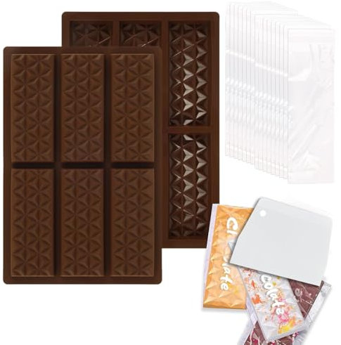 MEISO Pack of 2 Silicone Chocolate Moulds, Silicone Moulds, Baking Chocolate Mould, with Scraper and Bag, Non-Stick Mini Chocolate Bar Mould for DIY Chocolate, Praline Sweets (A)