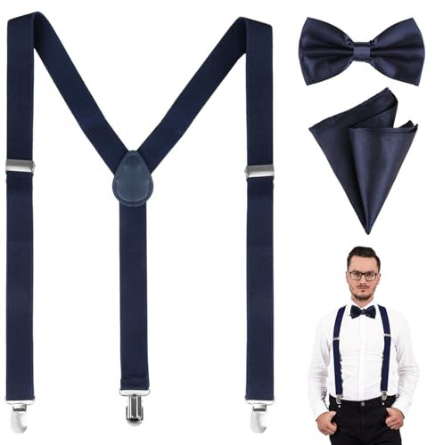 RISF Hosenträger Fliege Set, 2.5cm Breit Hosenträger für Herren, Y Form Hosenträger Herren Arbeitshose, Einstellbar Suspenders Men mit Einstecktuch für Hochzeiten, Partys