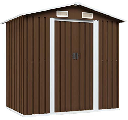 IKAYAA Metal Garden Shed - Outdoor Storage for Tools & Equipment, Steel, Brown - 204x132x186 cm
