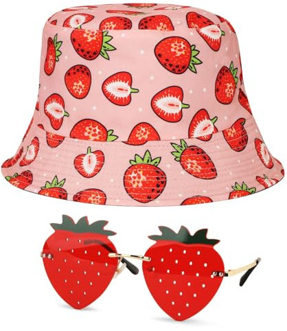 BOFUNX Lustiges Erdbeere Fischerhut Anglerhut Retro Erdbeer Brillen Partybrillen für Fasching Karneval Foto Requisiten Erdbeer Kostüm Accessoires