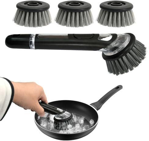 Brosse Vaisselle avec Reservoir avec 3 TêTes De Brosse De Remplacement Brosse Vaisselle Poils Rigides éLimination Efficace des Taches Brosse Vaisselle Cuisine PoignéE Souple Gris