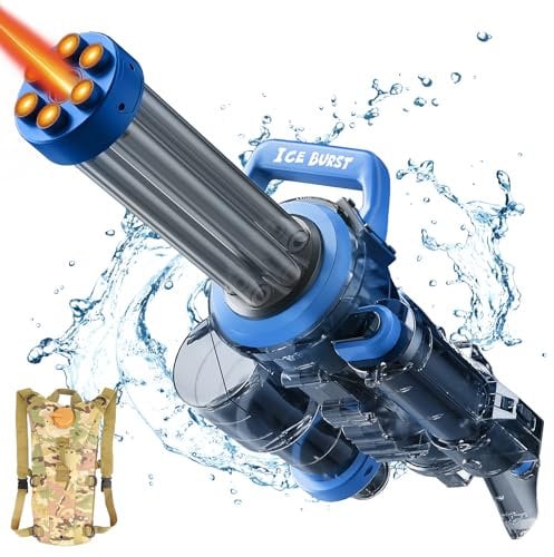 Gatling Electric Water Gun Age 8+,Water Gun for Adults Kids,High Powered Automatic Squirt Guns with Large Capacity Backpack, 2 Battery,Range to 28-32FT, Dazzling Gunfire Effects Muzzle Flash (Blue)