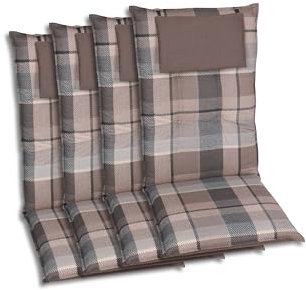 GO-DE Textil Bequeme und attraktive Polsterauflagen für Hochlehner-Gartenstühle (4er-Set, Karo Braun-Grau, Hochlehner)