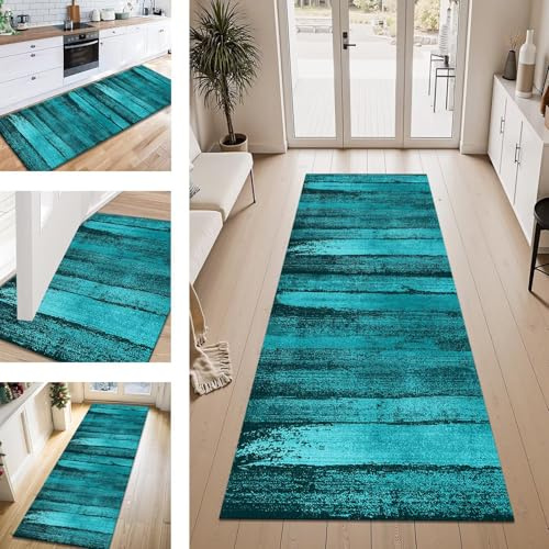 Teppich Läufer Flur Küche rutschfest Hellblau 90X200CM Vintage Teppichläufer Kücheläufer Lang Waschbar Meterware Küchenteppich Flurteppich Läufer für Wohnraum Schlafzimmer Kinderzimmer Flurläufer