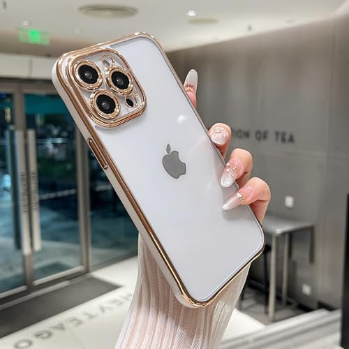 ZTOFERA Cover per iPhone 13,iPhone 14, trasparente con protezione dell'obiettivo della fotocamera, placcata oro, con protezione antiurto in PC duro sul retro, bianco
