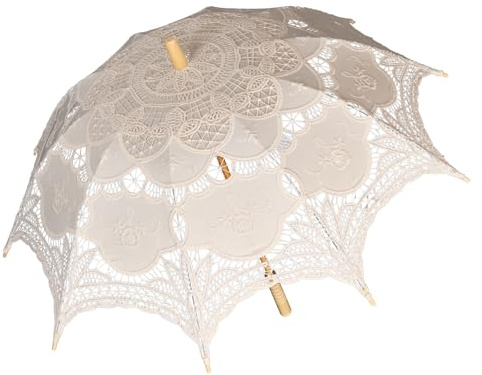 Solnique Vintage Lace Parasol Umbrella 32 Inch – Bridal Wedding Decoration Umbrella for Photoshoot, Tea Party, Victorian Style Sunshade for Women and Adults (Beige)