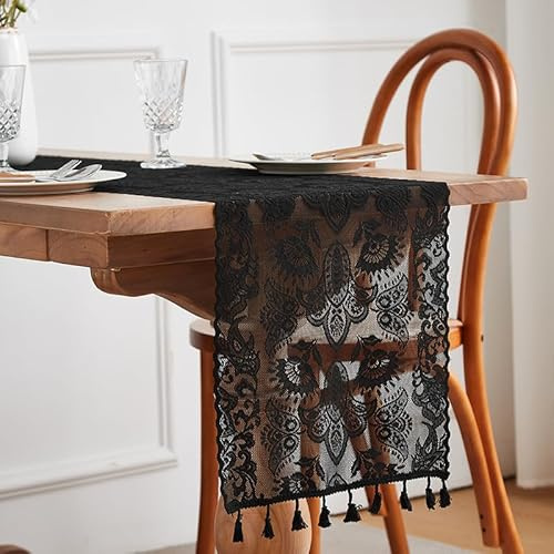 Spitze Gehäkelte Tischläufer, 30 * 45cm Boho Deko Hochzeit Tischdecke Vintage Schwarz Handgewebt Makramee Stickerei Blumen Tischband Tischwäsche mit Quasten für Küche Essen Urlaub Party Dekoration