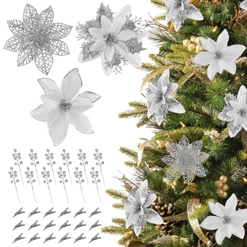Hobyhoon 30pcs Poinsettia Christmas Decorations,3 kinds Christmas Tree Flowers,Silver Poinsettia Artificial Glitter Flowers for Home DIY Xmas Wreath Holiday Party(Silver)