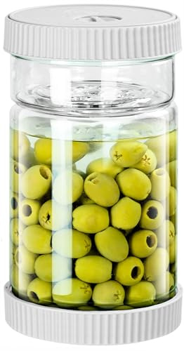Auto Venting 40oz Glass Pickle and Olive with Strainer Flip, Leak-Proof | Hourglass Pickle Container with Strainer, Large Capacity, Glass Material, Date Tracking, Easy Clean