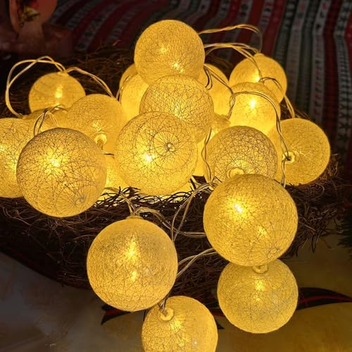 Kaleora LED Baumwollkugel Lichterkette, 6cm Kugeln, 3M 20 LED Cotton Ball Lichterkette, Lichterketten Kugeln Nachtlicht für Weihnachten, Hochzeit, Party, Kinderzimmer, Innen Deko, Weiß