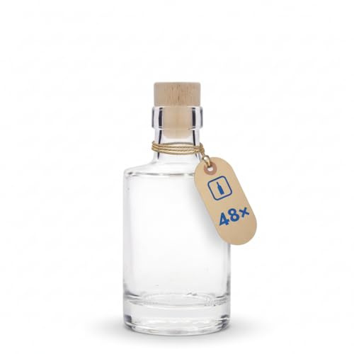 Flaschenland 48 Premium-Glasflaschen 200ml mit schwerem Glasboden inkl. Holzgriffkorken, hochwertige Flaschen zum Abfüllen von Spirituosen, Likör, Sirup, Essig oder Öl, extra kälte- & hitzebeständig