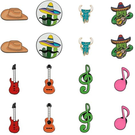 Craftora 16 Pcs Enamel Brooches Western Music Themed Pins Musical Notes Guitar Cactus with Hat Cowboy Lapel Pins for Backpack Hats Clothes Decors