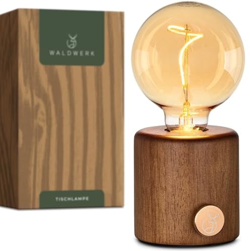 WALDWERK Nachttischlampe aus Eichenholz und Metall - Dimmbare Tischlampe mit Akku - Lampe Kabellos - Tischleuchte - Tischlampe Kabellos - Nachtlicht aus Holz