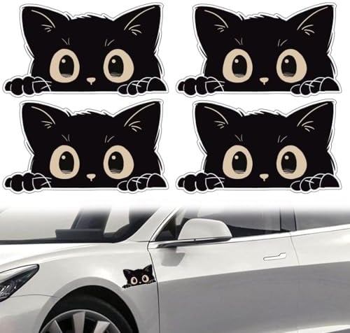 4 Stück Schwarze Katze Fensteraufkleber, Niedlicher Auto Sticker mit Neugierigem Katzenmotiv, PVC Katzen Deko für Auto Laptop Zuhause