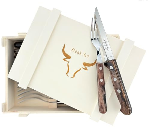Mythos Kitchen Steak Besteck in Holzkiste für Tramontina GAUCHO 12-tlg - Geschenk (Box), Verpackung - Box:12-tlg -Geschenk (Box) Rot