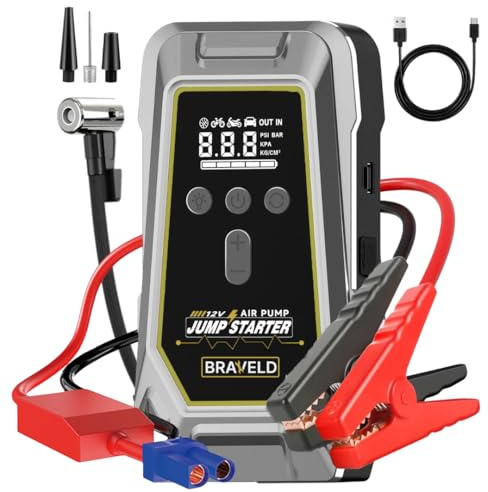 Arrancador de Coches 6000A con Compresor, Powerbank y Linterna LED – 4 en 1 BRAVELD | 150 PSI, 10.000mAh, para Coches, Motos y Emergencias
