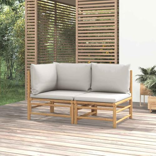 Mokuyary Lot de 2 meubles de jardin en bambou avec coussins gris clair