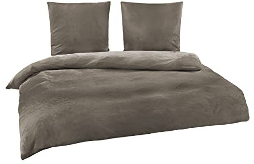 BaSaTex Winter Plüsch Bettwäsche Set Nicky-Teddy Cashmere-Touch Coral Fleece | 135x200 155x220 200x200 200x220 + 80x80 Kissenbezug | Größe: 200x220 | Farbe: Taupe