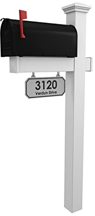 4Ever Products The Jackson Complete Mailbox System - Vinyl/PVC Post (includes Mailbox) Decorative Curbside Postal Solution with Classic Traditional Style and Hanging Address Plate (Black Mailbox)