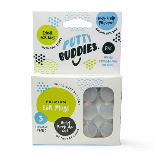 Putty Buddies Tapones originales de natación para los oídos, tapones moldeables supersuaves, bloquean el agua, cómodos, ideales para niños, paquete de 3 pares (transparentes)