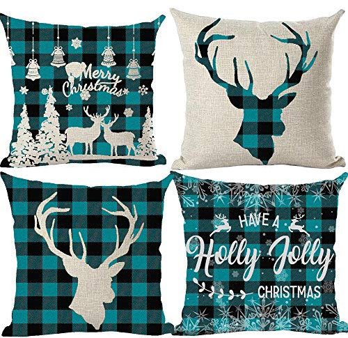 Ramirar 4er-Set Have A Holly Jolly Christmas Ice Snowflake Trees, Hut, Glocke, Hirsch, Geweih, blau, dekorativer Überwurf-Kissenbezug für Zuhause, Wohnzimmer, Bett, quadratisch, 45.7 x 45.7 cm