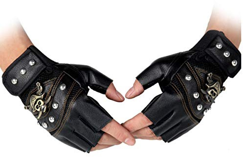Halloluck Black Studded Gloves Steampunk Gothic Punk 80s Rocker Costume Rivet Motorcycle Car Driving Gloves Captain Fingerless Mittens