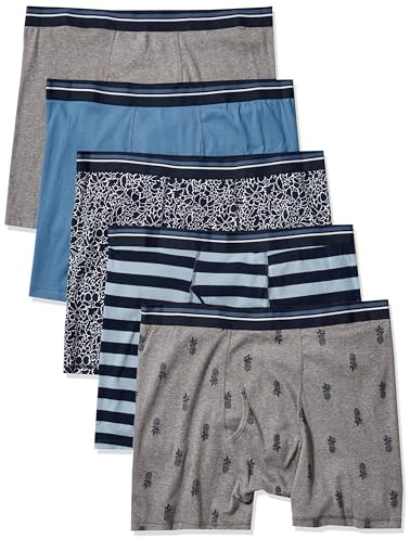 Amazon Essentials Herren Boxershorts Unterwäsche, Bequeme Baumwolle, Ohne Etikett, 5er-Pack, Ananas/Blumenaufdruck/Streifen, L