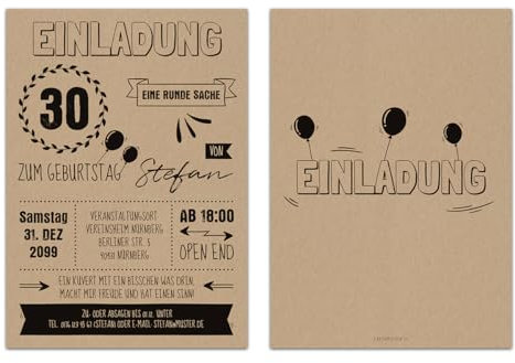 10 bis 100 Stück Individuelle 30. Geburtstag Einladungskarten DIN A6 (148x105mm) - Vintage Typografie, Kraftpapier Look, festes 300g/qm Kartonpapier