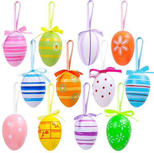 Elcoho 12 Stück Ostereier zum Aufhängen, bunte Kunststoff-Ostereier, Osterdekoration, zufällige Stile