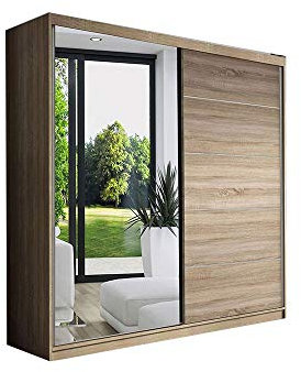 E-MEUBLES Armoire de Chambre avec 2 Portes coulissantes | Penderie (Tringle) avec étagères (LxHxP): 150x200x61 LARA 05 (Sonoma)