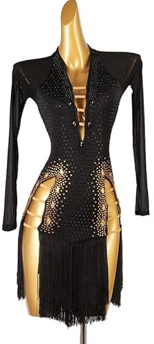 JRUIA Langärmlige Professionelle Latein Wettkampf Kostüme Für Damen Tassel Tango Performance Standard Tanzkleider High End Salsa Ballsaal Tanzkleid Für Zumba Rumba,Schwarz,L