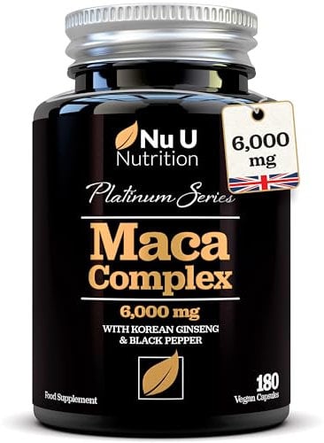 Black Maca Root 6000mg - 180 Vegan Capsules - Premium Peruvian Maca, Korean Panax Ginseng & Pepper - High Strength Complex for Men & Women - 6 Month Supply - Made in The UK - Nu U Nutrition