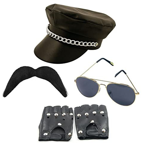 Biker-Set (Hut mit Kette, Handschuhen, Schnurrbart und Brille) YMCA Village People Gay Fancy Dress Party