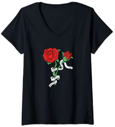 Damen T-Shirt Rose Roses Tattoo Tinte Rose Typ Oldschool Band T-Shirt mit V-Ausschnitt