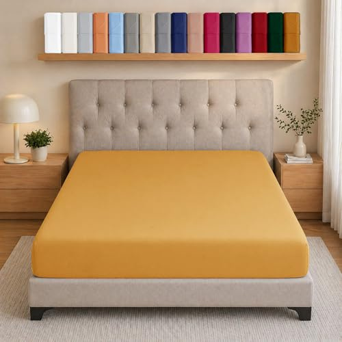 AMEHA Single Bed Fitted Sheet Deep Pocket Up to 25 cm Ocher Bedsheets for Single Bed Soft Brushed Microfiber Elasticated Corners Bottom Sheet Shrinkage and Fade Resistant Breathable
