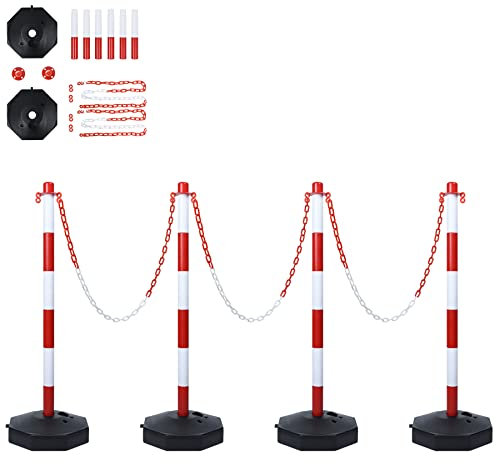 Froadp Absperrpfosten 4 Stück Kettenpfosten Set Kettenständer aus Kunststoff 82x28x28cm Sperrpfosten mit 4x 1,4m Kunststoffketten Absperrung Poller für Einfahrten Garagen Tore (Rot+Weiß)