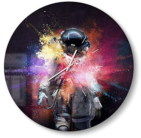 DEQORI Glasuhr | rund Ø 50 cm | Motiv Kosmonaut in Farbknall | große XXL Design Uhr aus Glas | leise Wanduhr für Wohnzimmer & Küche | Moderne Hingucker Uhr für die Wand