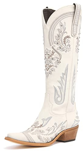 vodvob Western-Cowboystiefel für Damen, Bestickt, Strass, kniehoch, Cowgirl-Stiefel, spitzer Zehenbereich, klobiger Absatz, modisch, Retro, klassischer hoher Stiefel, Cream, 38 EU