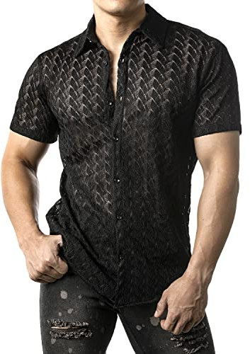 JOGAL Mens Floral Lace Shirt See Through Short Sleeve Casual Button Down Shirts Black Wave Medium