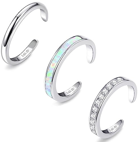 Jstyle 3PCS 14K Gold Filled Toe Rings for Women Adjustable Silver Gold Toe Ring Set Cute Opal CZ Daisy Flower Toe Rings Open Band Hawaiian Beach Summer Foot Jewelry for Women Silver A