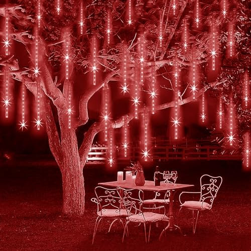 SUAVER Meteorschauer Lichterkette Solar 30cm 10 Röhren 240LED Regen Lichter Außen Lichter wasserdichte Solarleuchten Schneefall Lichter für Party Hochzeits Weihnachtsbaum Dekoration (Rot)