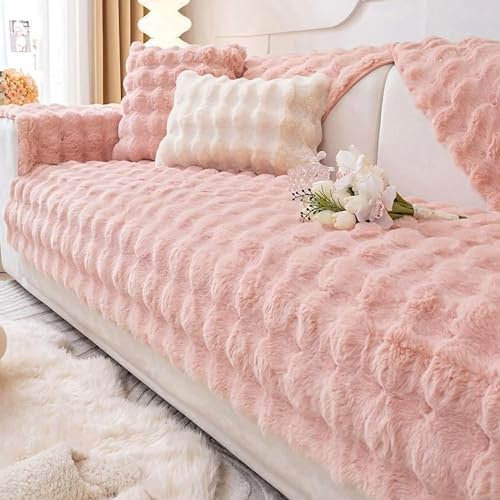 Gluhbirnen Kaninchen Plüsch Sofabezug, Sofa überwurfdecke, Sofa Überwurf, Sofaschoner rutschfest, Warmer Super Weicher Plush Sofabezug, Sakura-Rosa, 90 * 180CM