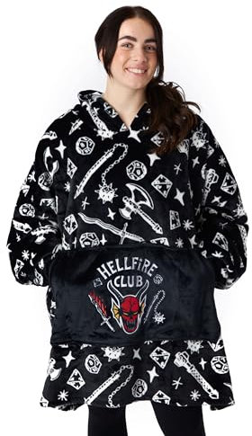 Stranger Things Erwachsene Tragbarer Decke Kapuzenpullover | Herren & Damen Oversized Schwarze Kapuzen-Fleece-Loungewear | Hellfire Club D&D Nachtwäsche Netflix Serie Merchandise